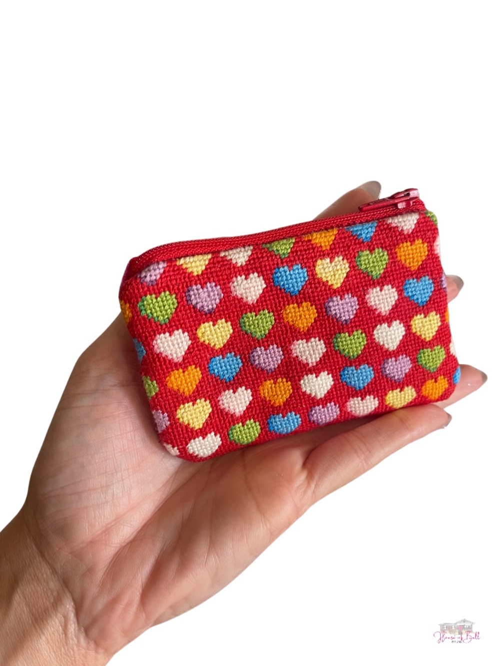 Handmade Needlepoint Heart Coin Purse Card Case Wallet Red Pink Ivory